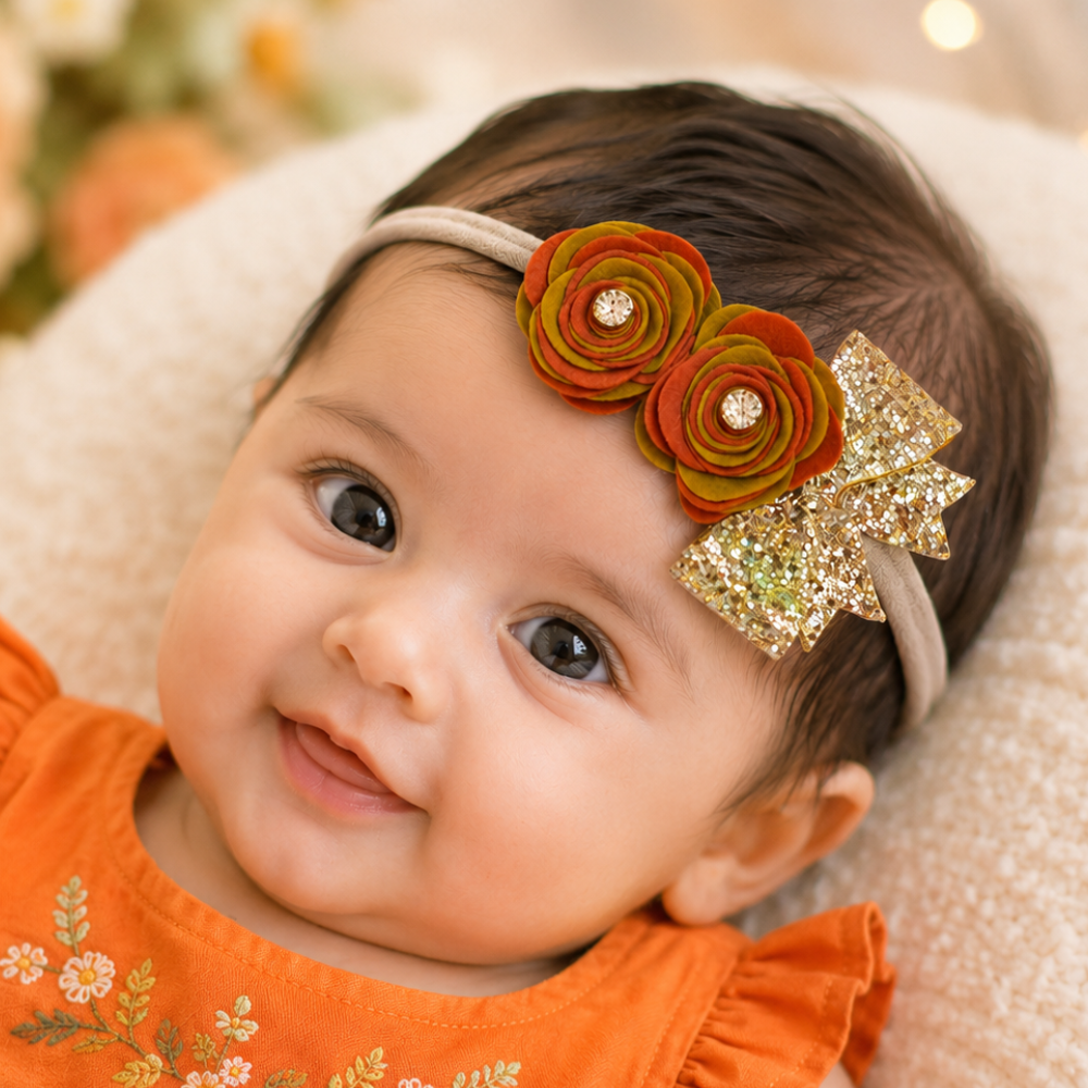 Handcrafted soft baby headband with two roses and 8 cm bow for girls aged 0-3 years available in 7 colors
