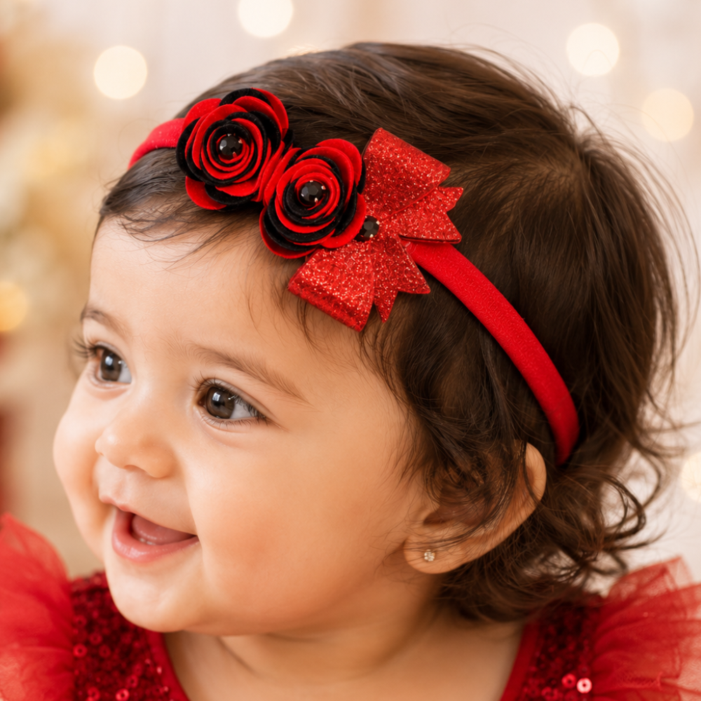 Handcrafted soft baby headband with two roses and 8 cm bow for girls aged 0-3 years available in 7 colors