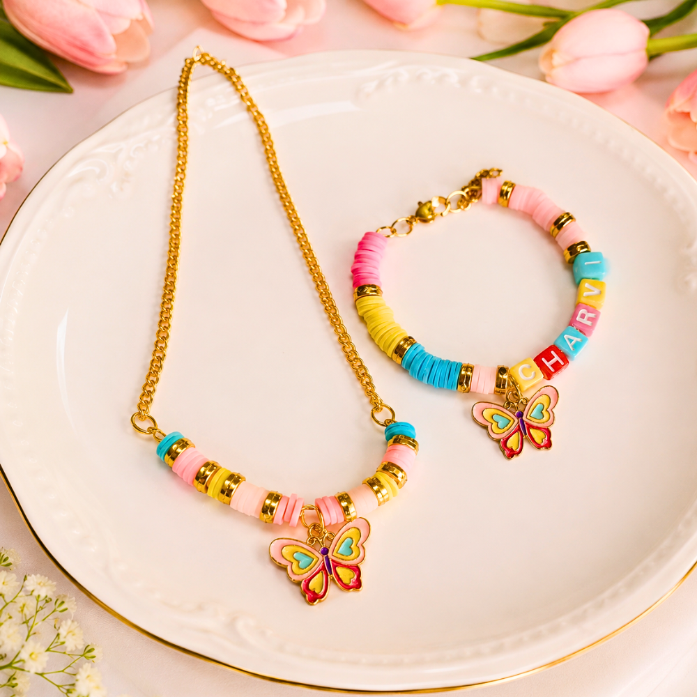 Multicolor butterfly charm personalized pendant and adjustable bracelet set for girls aged 3 years and above