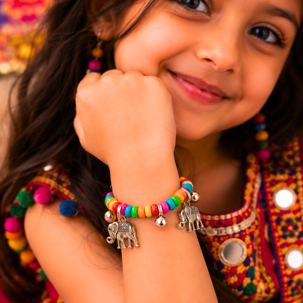 Navratri antique elephant and ghunghroo bracelet with colourful beads for kids