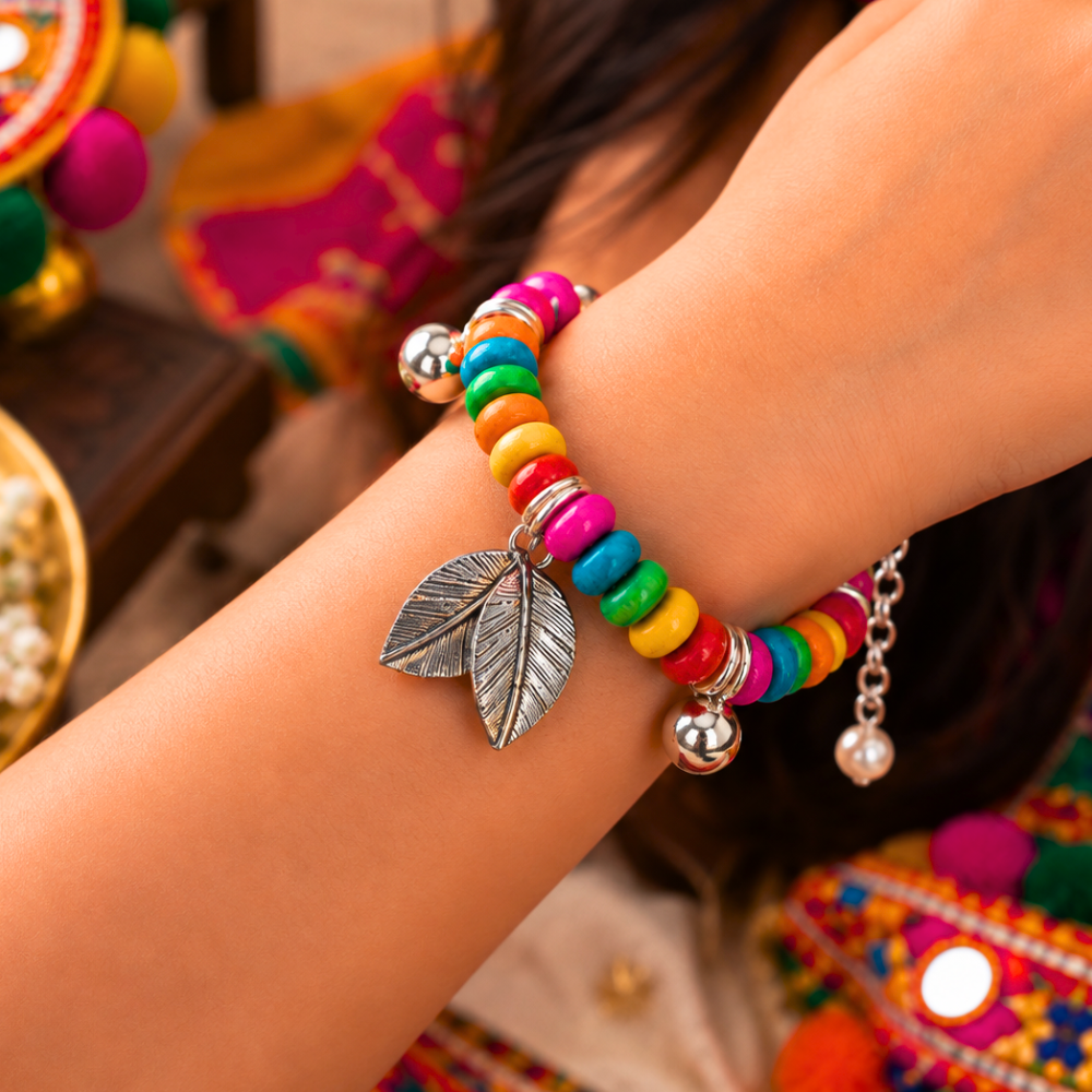 Navratri antique leaves and ghunghroo bracelet with colourful beads for kids