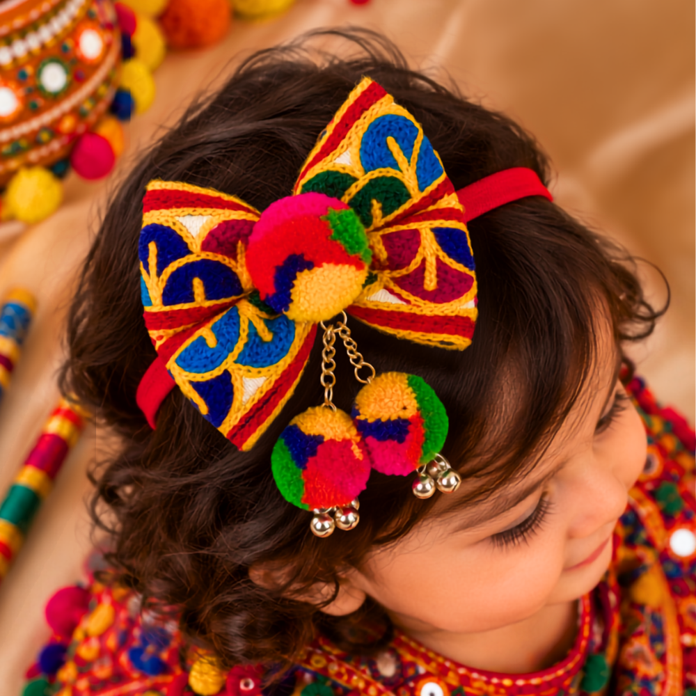 Navratri embroidered soft headband with dangling pompoms and ghungroo for babies