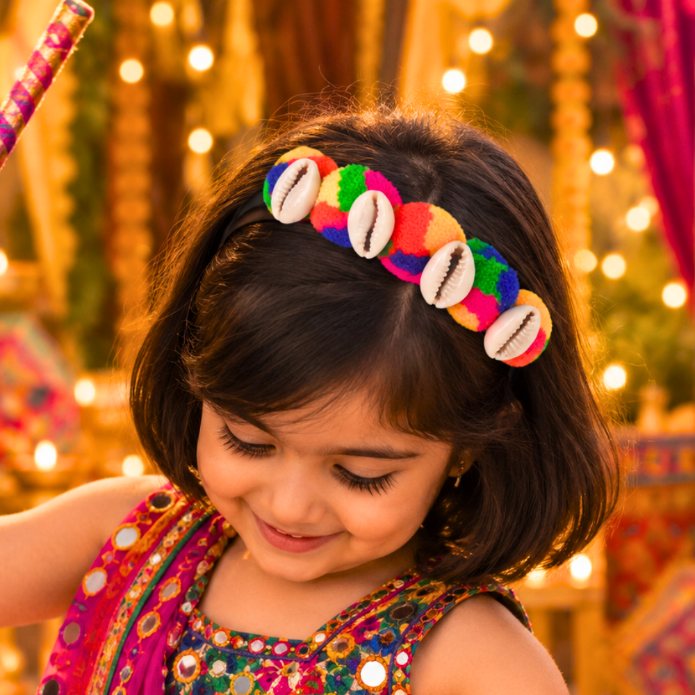 Navratri Kaudi and colourful pom pom headband for girls aged 1 year onwards