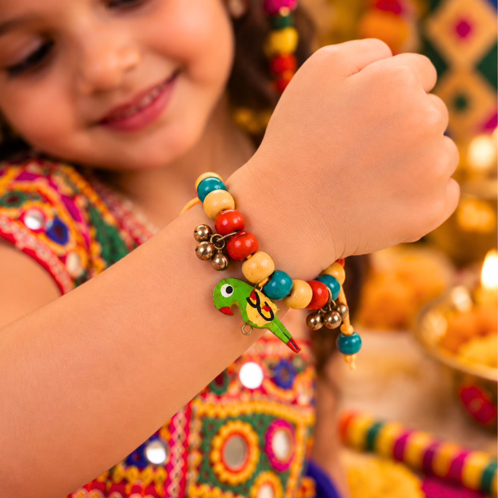 Navratri parrot adjustable bracelet with colourful beads and ghunghroo for kids
