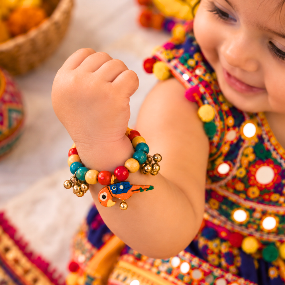 Navratri parrot adjustable bracelet with colourful beads and ghunghroo for kids