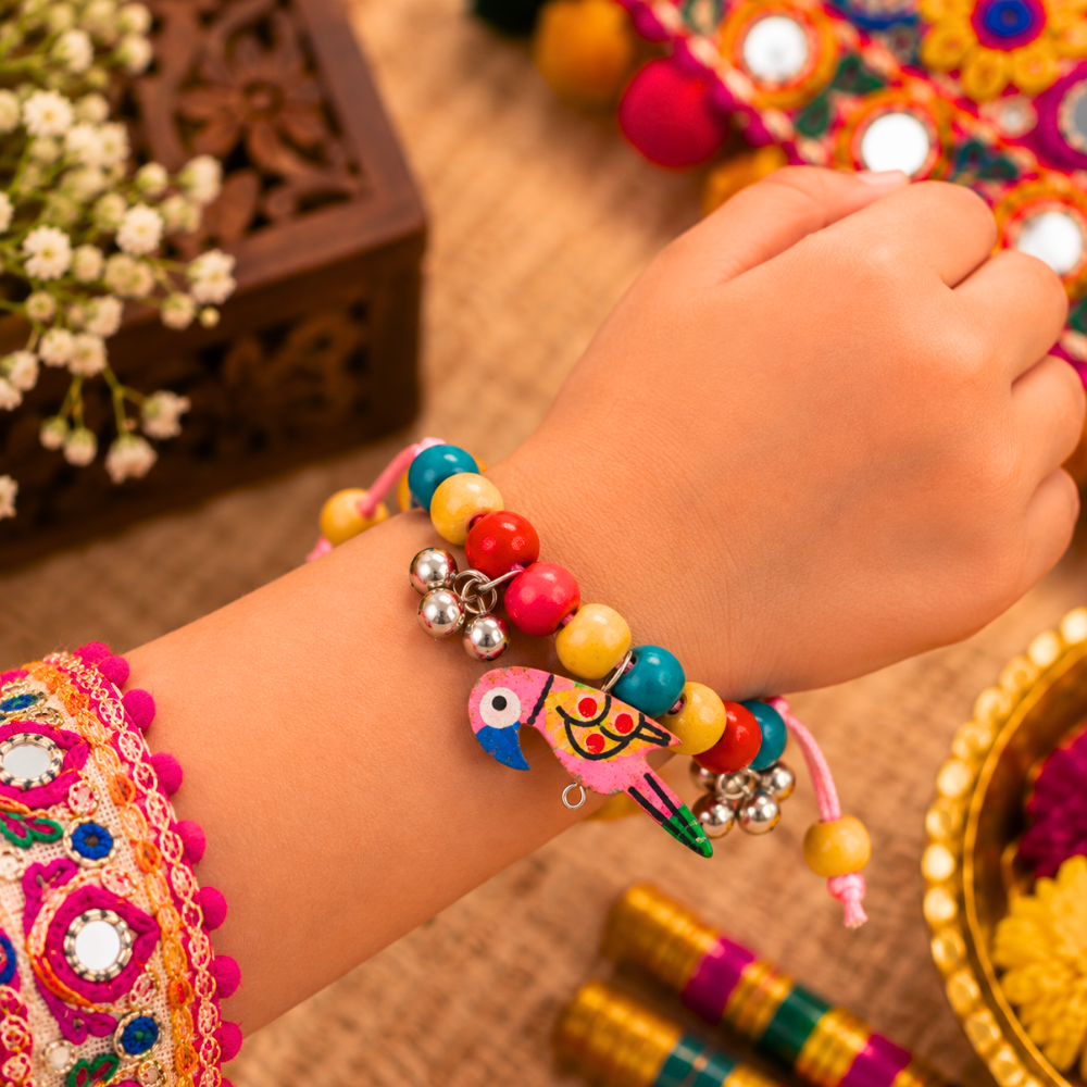 Navratri parrot adjustable bracelet with colourful beads and ghunghroo for kids