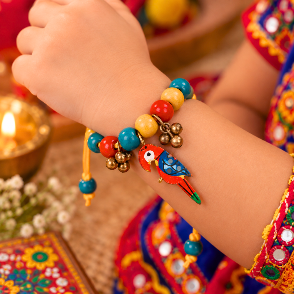 Navratri parrot adjustable bracelet with colourful beads and ghunghroo for kids