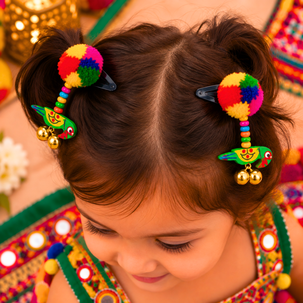 Green Navratri parrot and pompom Snap-On hair clip for girls