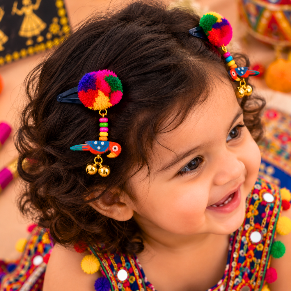 Green Navratri parrot and pompom Snap-On hair clip for girls