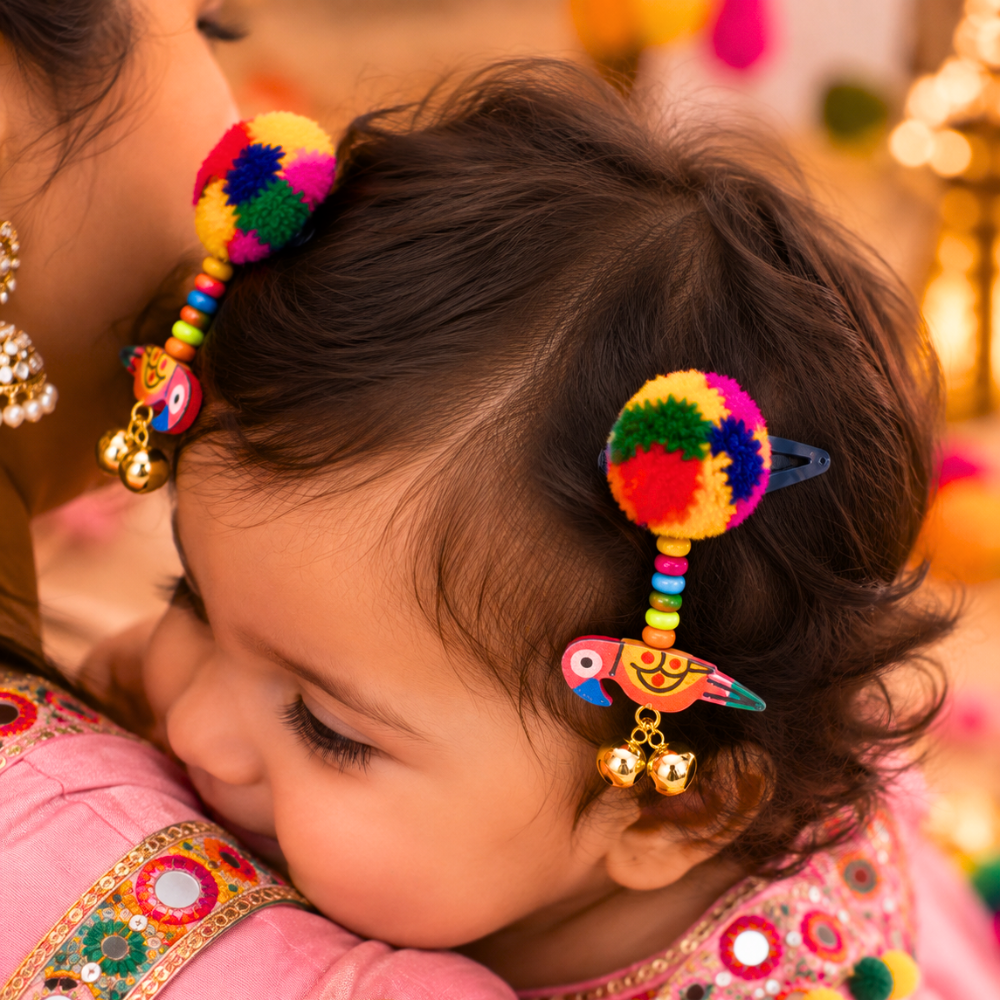 Green Navratri parrot and pompom Snap-On hair clip for girls