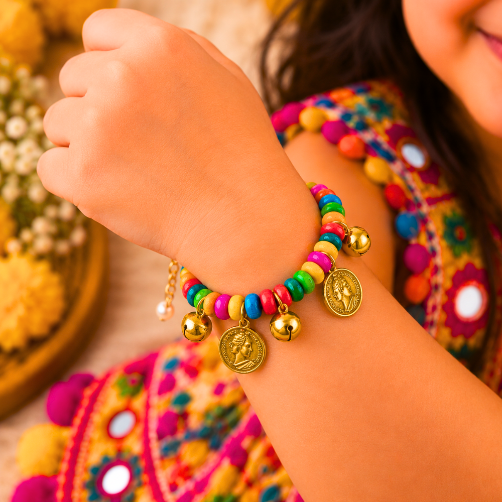 Navratri Sikka and Ghunghroo adjustable bracelet with colourful beads for kids