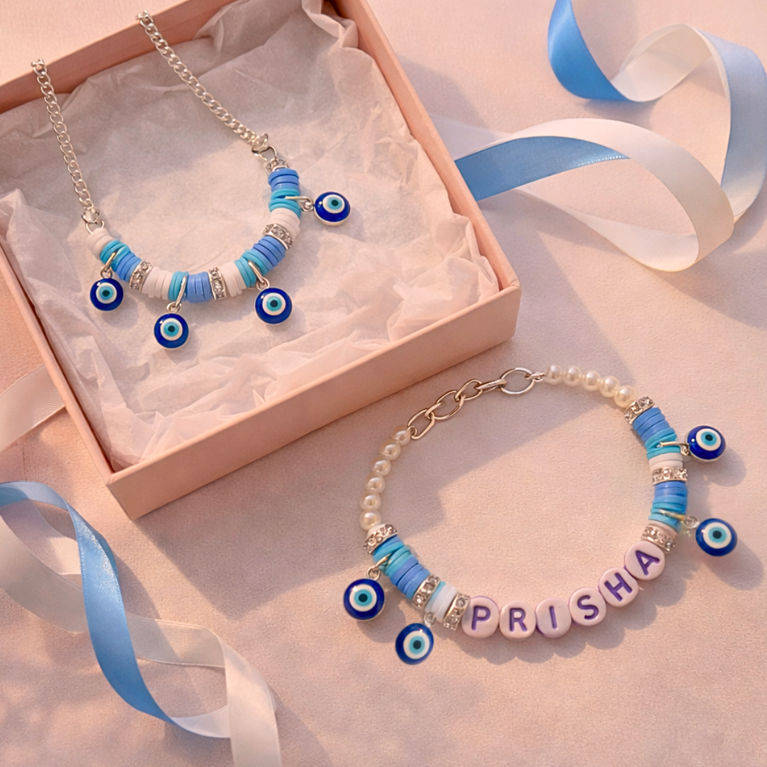 Personalised name evil eye charm bracelet with matching pendant set for girls suitable for parties and outings