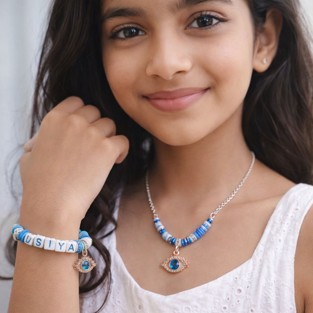 Personalised name evil eye charm bracelet with matching pendant set for girls suitable for parties and outings