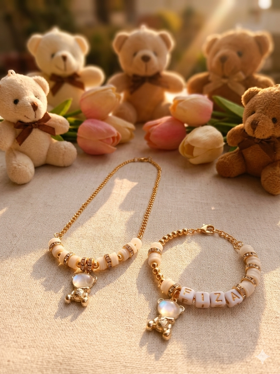 Personalised name teddy bear charm bracelet with matching pendant in gold and cream for girls