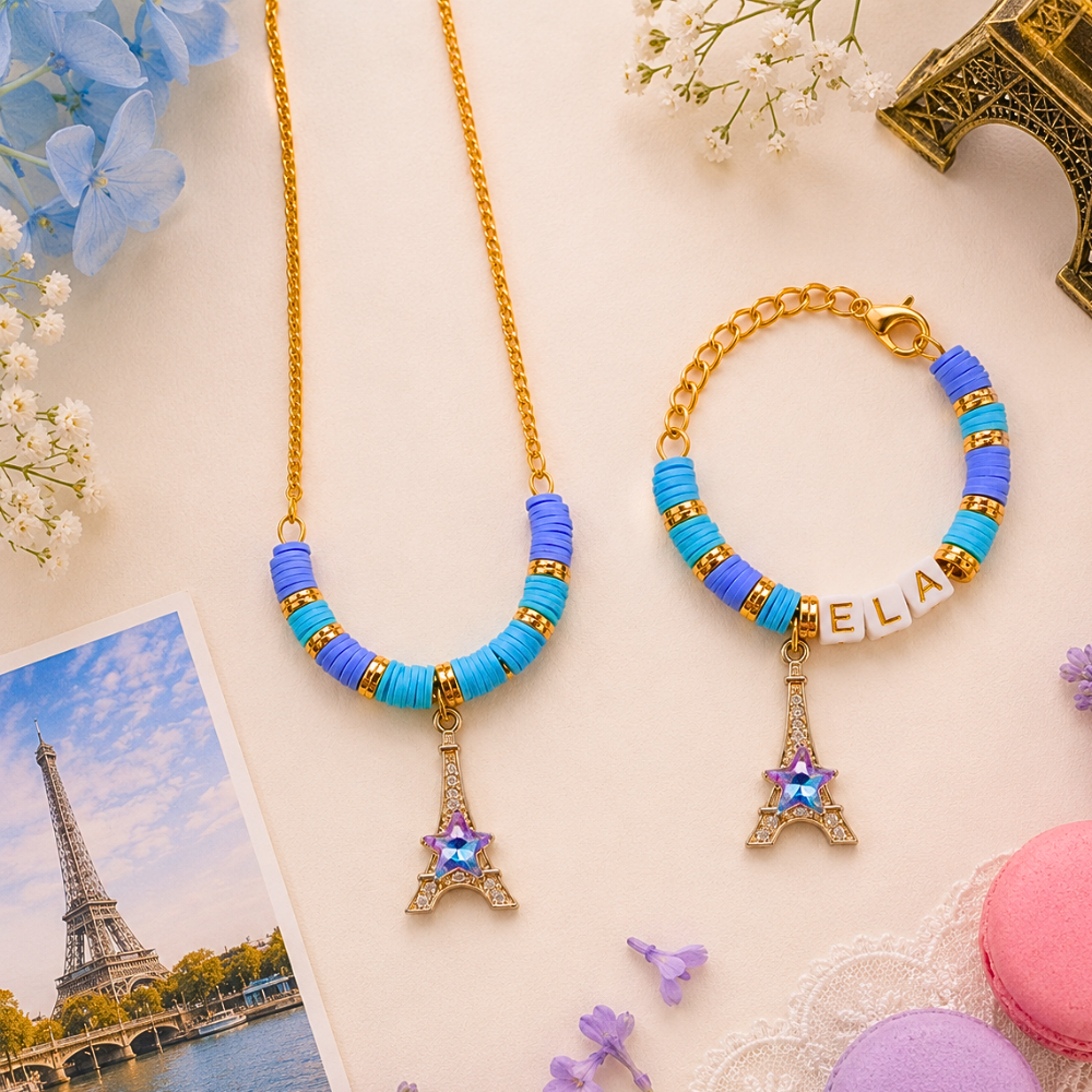 Personalized blue Eiffel Tower necklace and name bracelet set for girls.