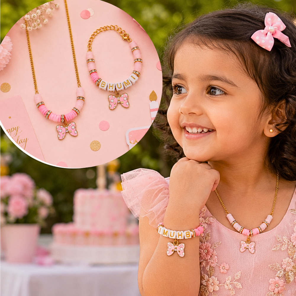 Personalized bow charm necklace and name bracelet set for girls.