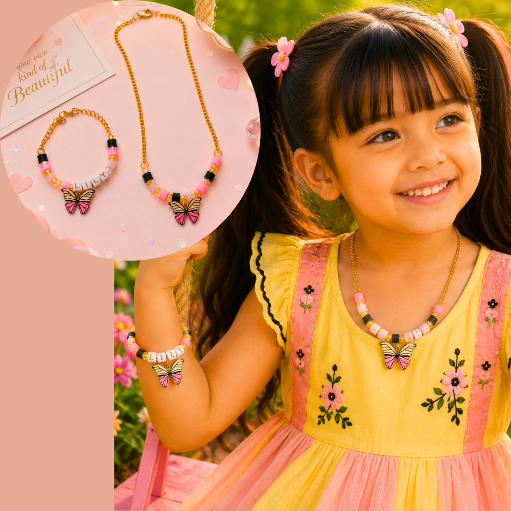 Personalized butterfly necklace and name bracelet set for girls.