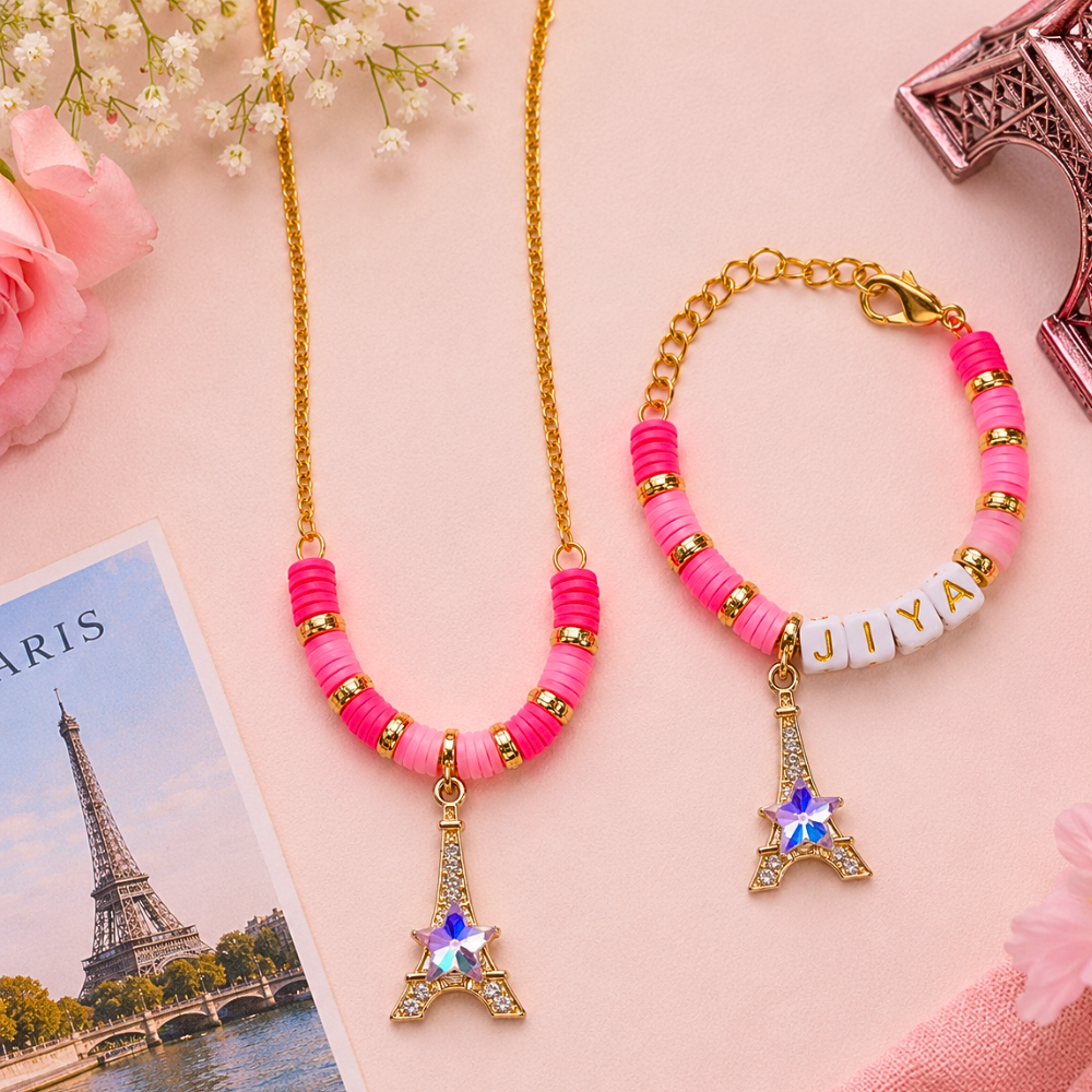 Personalized Eiffel Tower necklace and name bracelet set for girls.