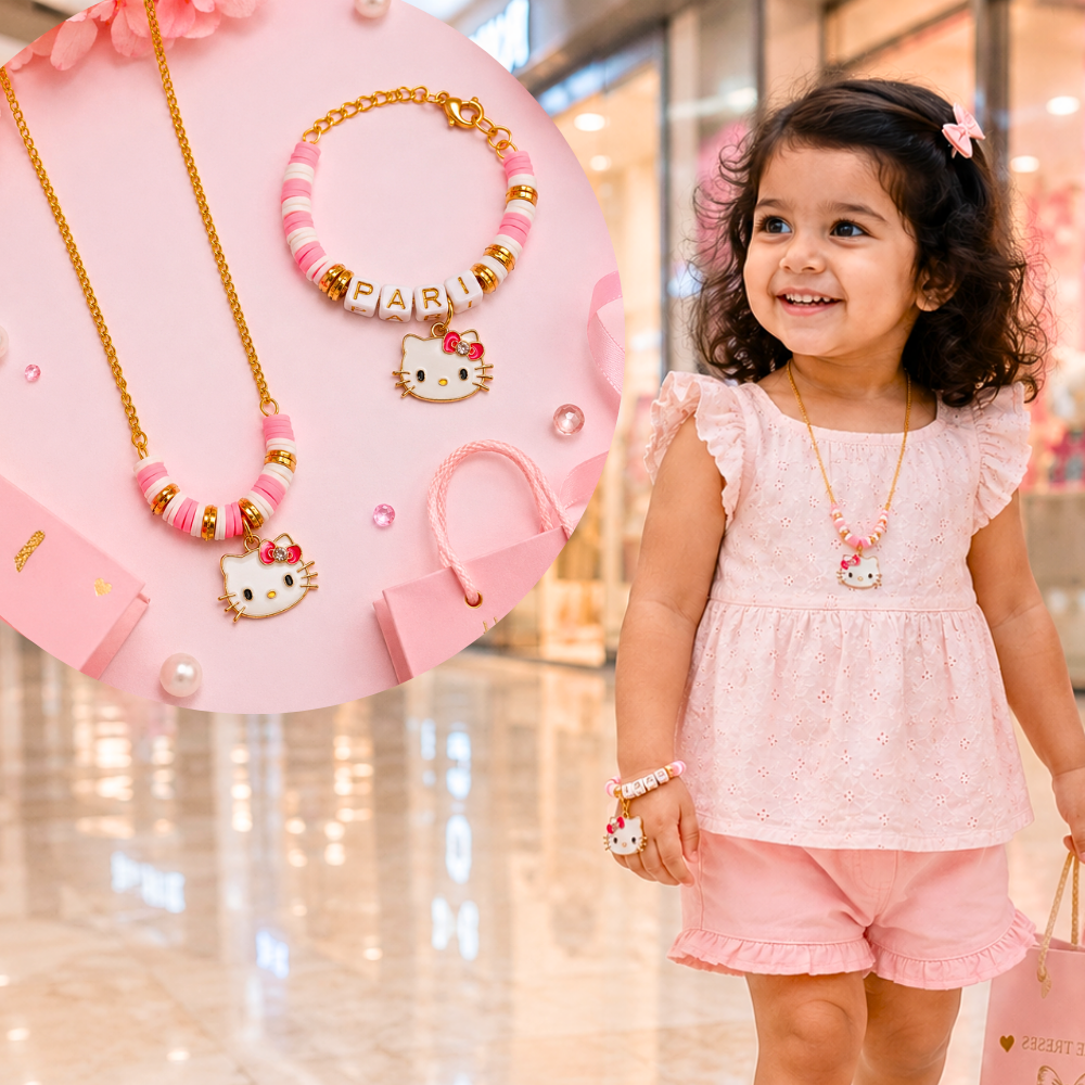 Personalized kitty necklace and name bracelet set for girls.