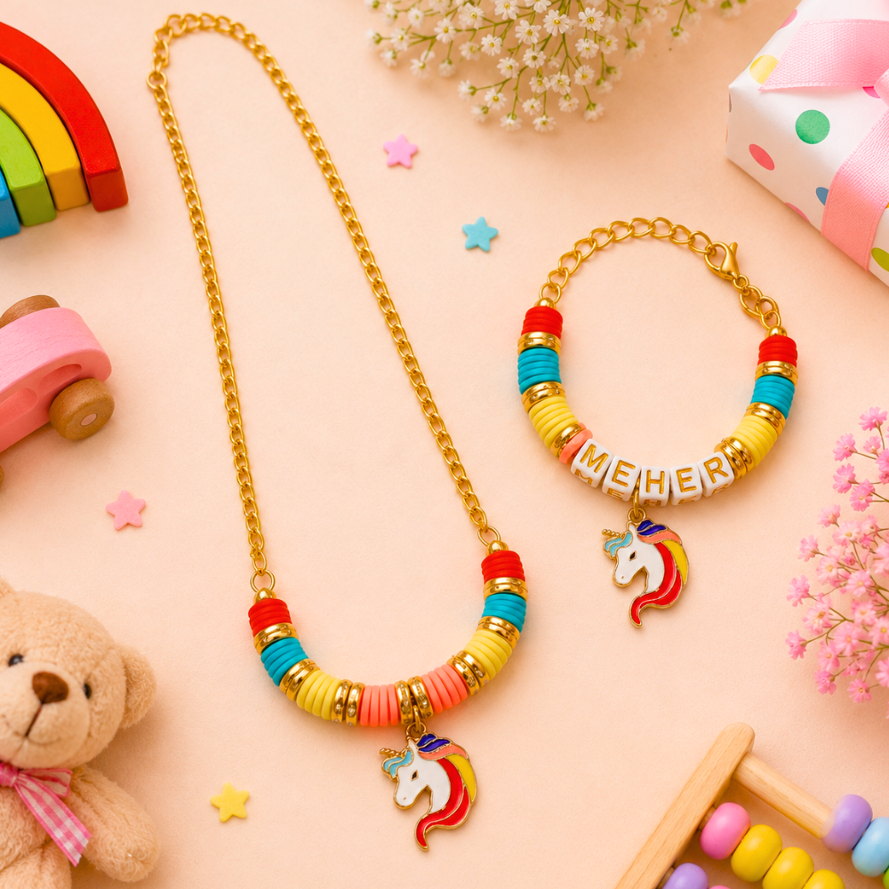Personalized unicorn necklace and name bracelet set for girls.