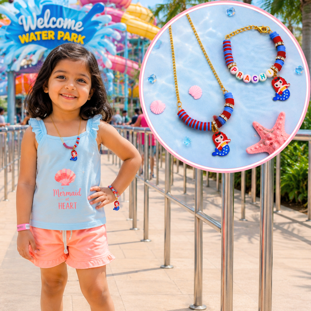 Personalized mermaid necklace and name bracelet set for girls.