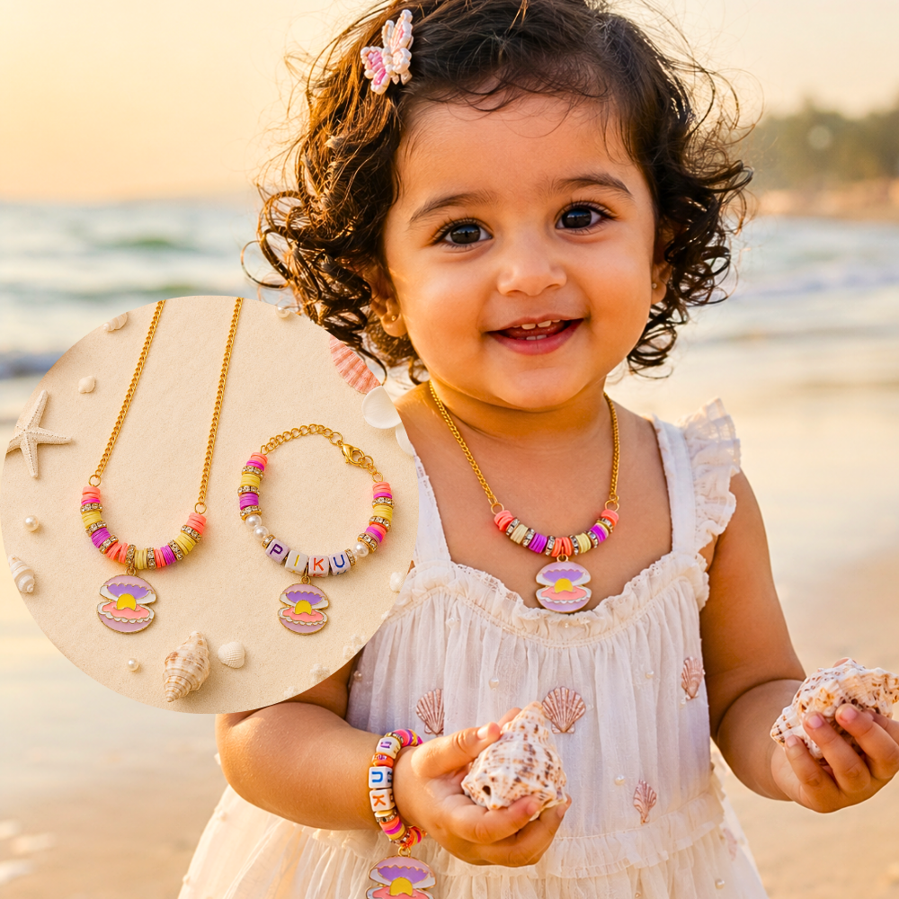 Personalized oyster pearl necklace and name bracelet set for girls