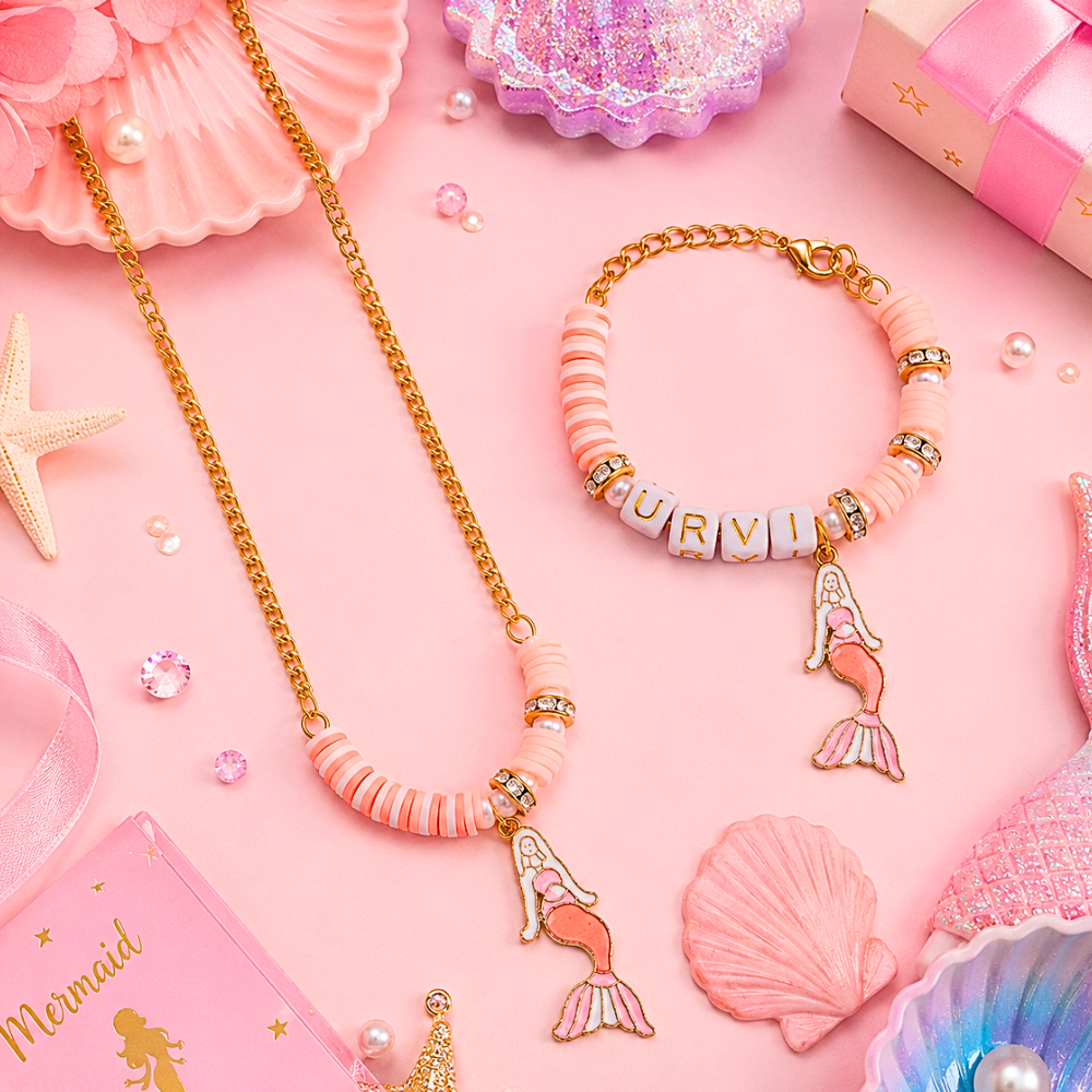 Personalized peach mermaid necklace and name bracelet set for girls.