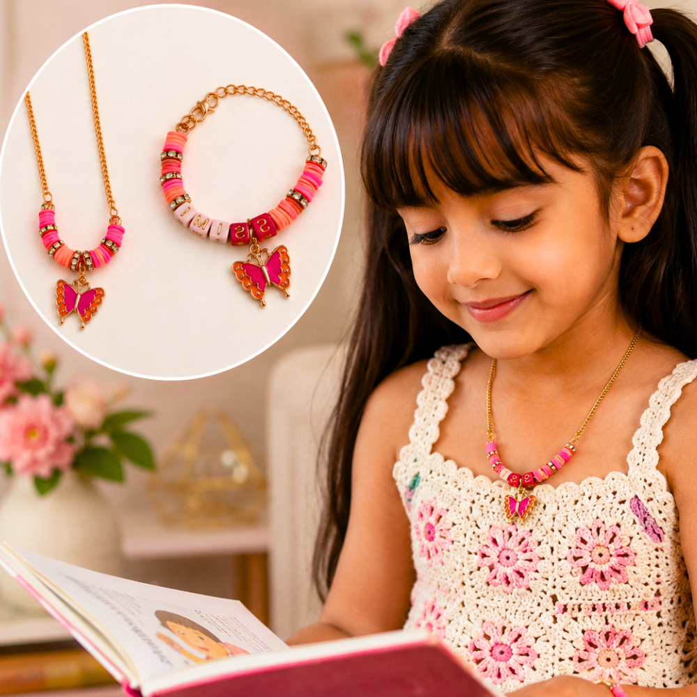 Personalized pink and orange butterfly necklace and name bracelet set for girls.