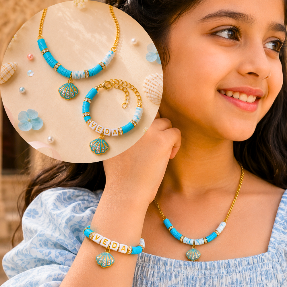 Personalized seashell necklace and name bracelet set for girls.