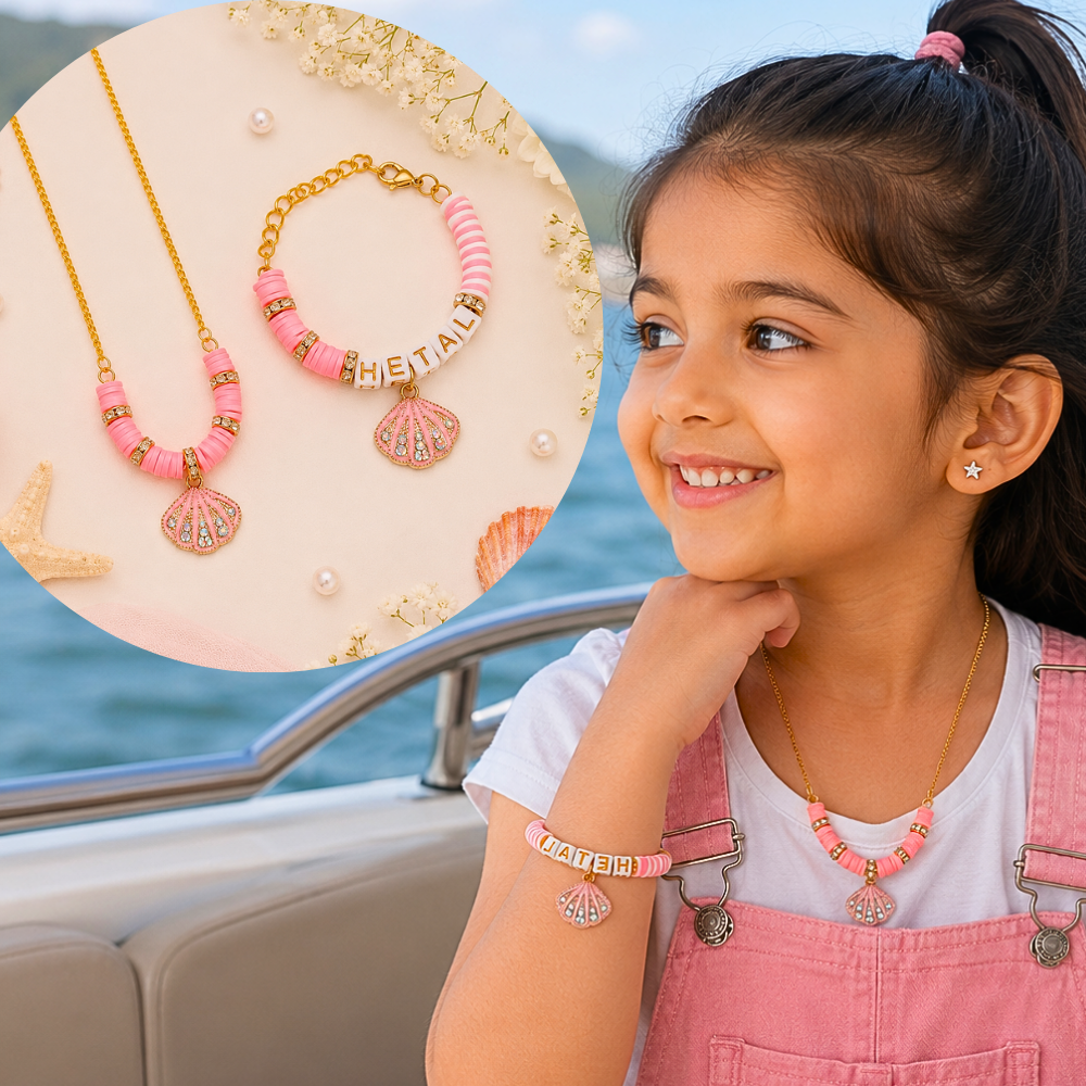 Personalized seashell necklace and name bracelet set for girls.