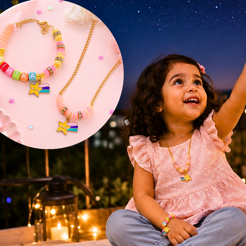 Personalized shooting star necklace and name bracelet set for girls.