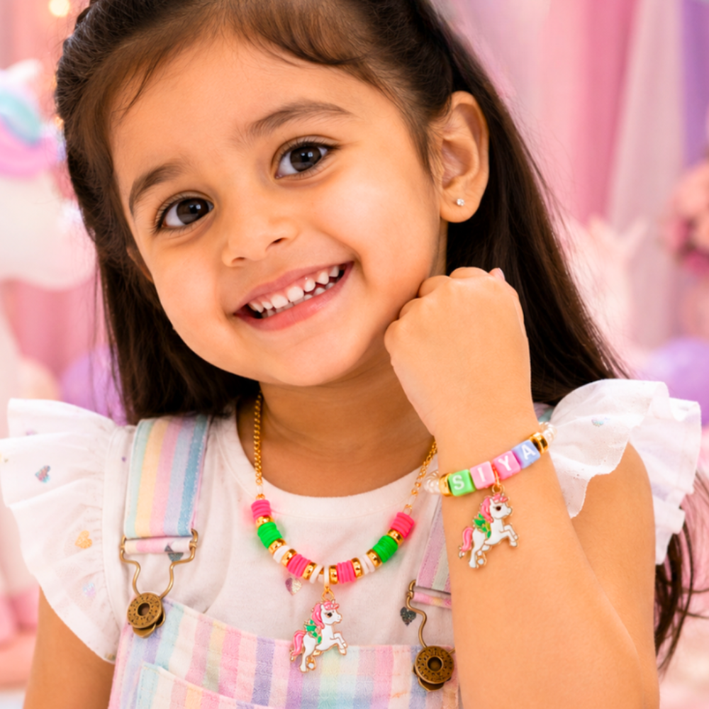 Personalized multicolor unicorn charm pendant and adjustable bracelet combo for girls with pastel beads and custom name design.