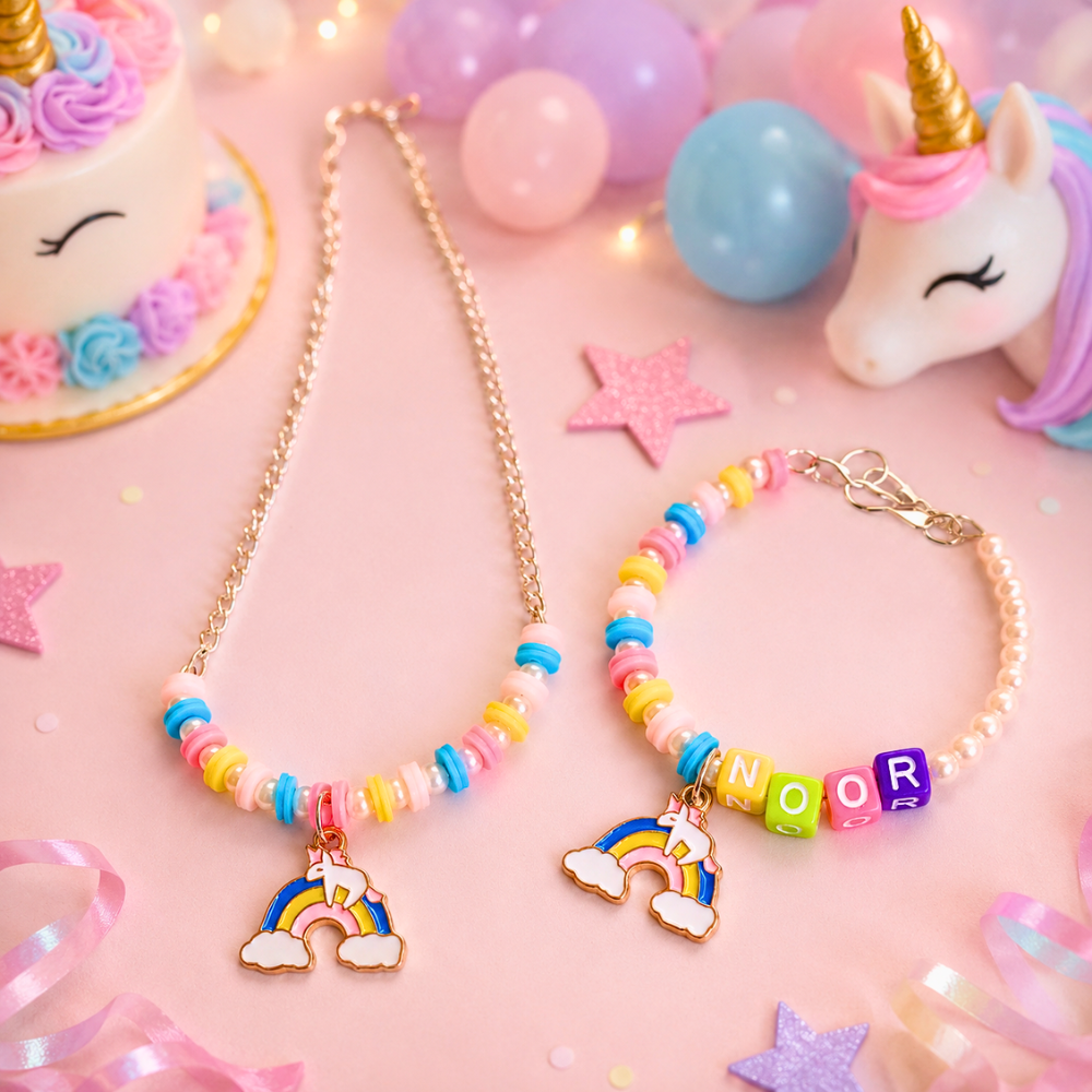 Personalized unicorn and rainbow charm pendant necklace with adjustable name bracelet for girls featuring pastel beads and colorful rainbow charms.