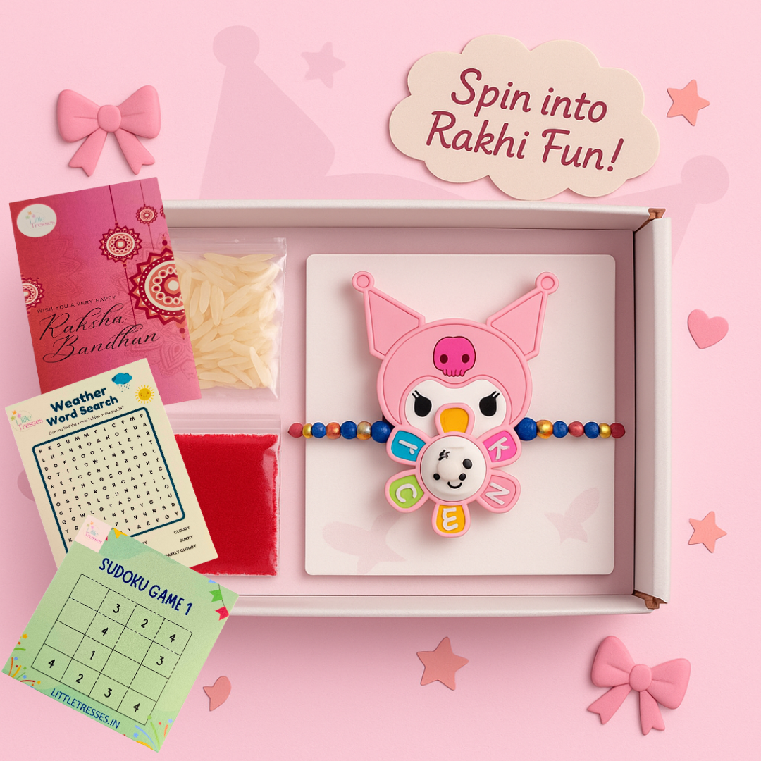 Pink Girl with Flower Spinner Rakhi – Gift Box for Girls with Roli, Rice & Activity Cards