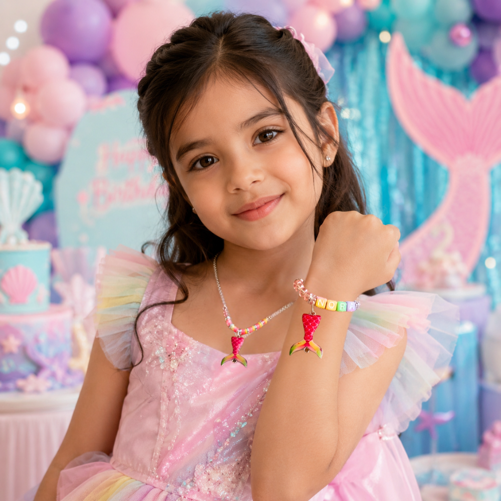 Pink mermaid tail personalized pendant necklace and adjustable name bracelet set for girls aged 3 years and above 