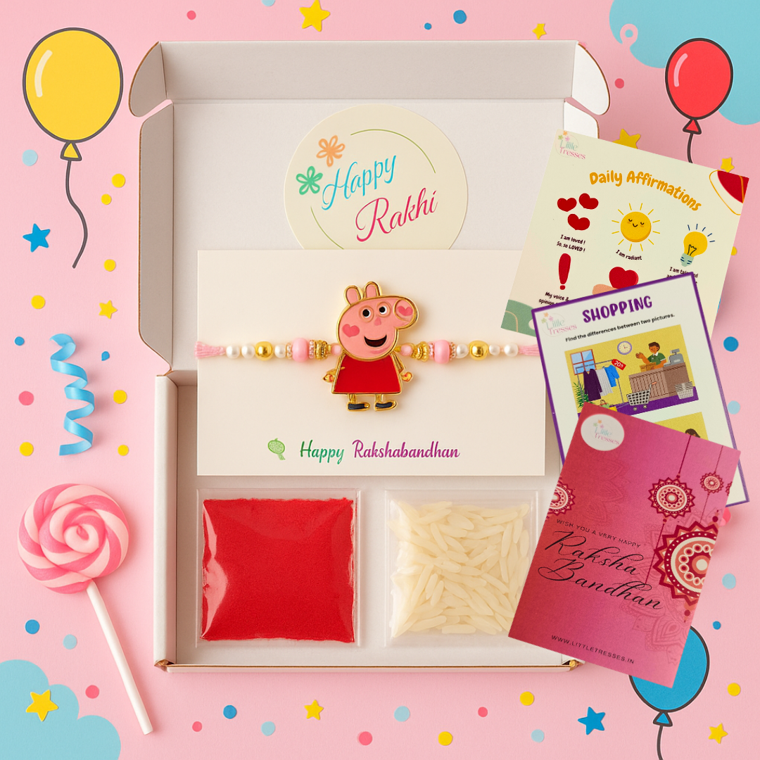 Pink Peppa Pig Rakhi for Girls – Bunny Card Gift Box with Roli, Rice & card Games 