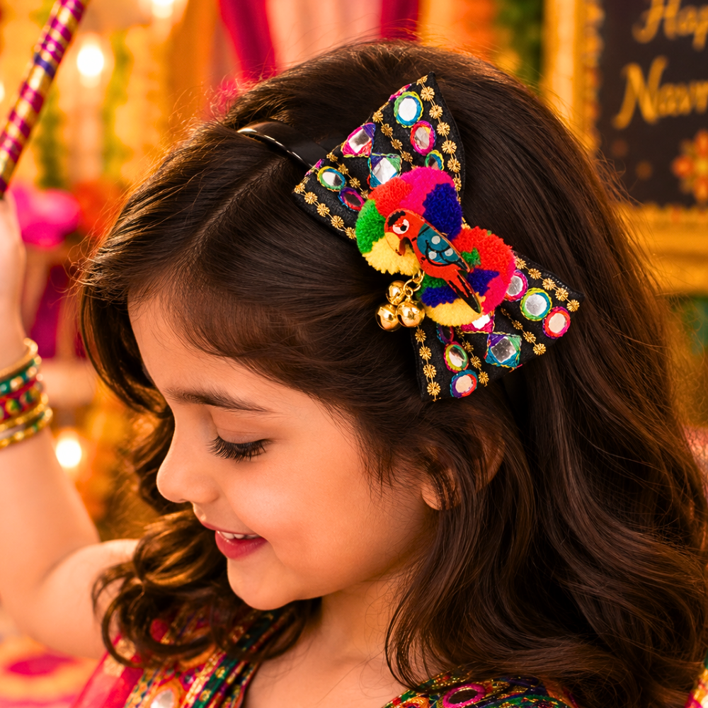 RaatRani Navratri headband for girls with colourful parrot, pom-poms and ghunghroo detailing