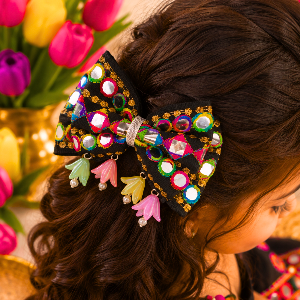 RaatRani Navratri bow with colourful mirror work and tulip flower charms alligator clip for girls