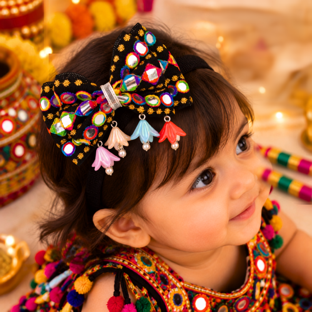 RaatRani Navratri soft headband with embroidered mirror work bow and dangling tulip flowers for babies