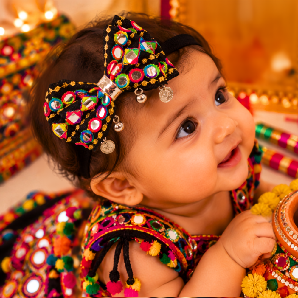 RaatRani Navratri soft headband with embroidered bow, mirror accents, sikka and ghungroo for babies