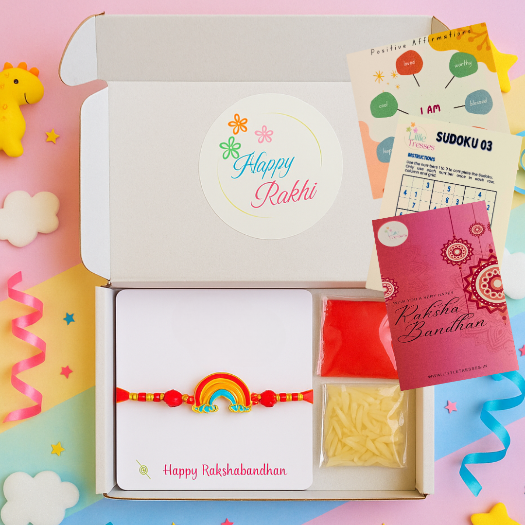 Colorful Rainbow Rakhi for Girls – Gift Box with Roli, Rice, Greeting Card & Game Cards