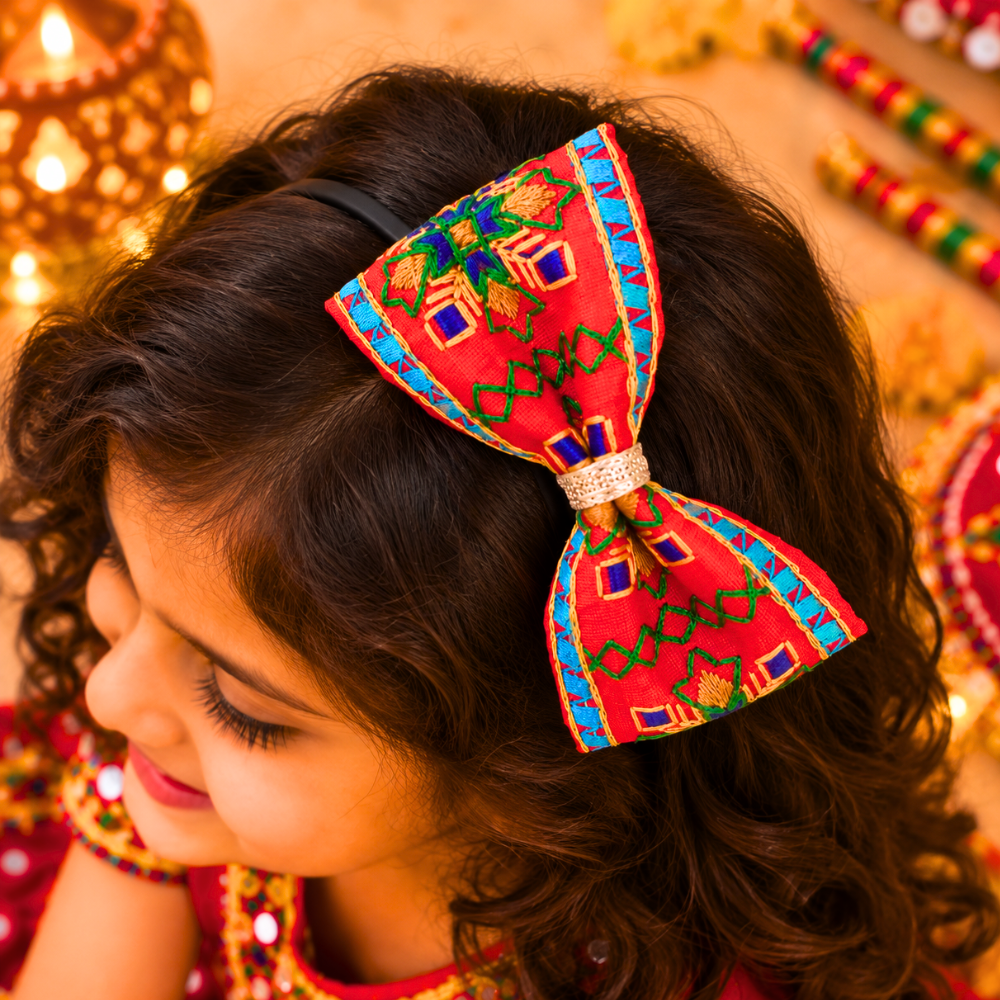 Rangeela red embroidered Navratri headband for girls with colourful traditional detailing