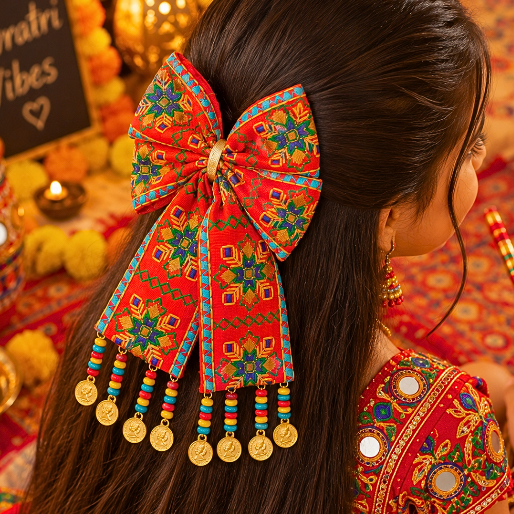 Rangeela Navratri piggytail bow with colourful dangling beads and coin charms for girls aged 5 years and above