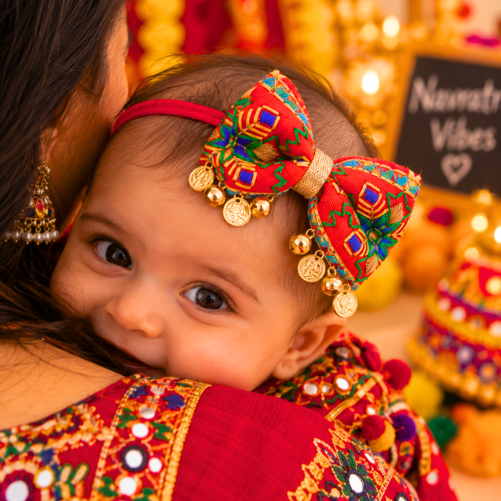 Rangeela Navratri soft headband with embroidered bow, sikka and ghungroo for babies