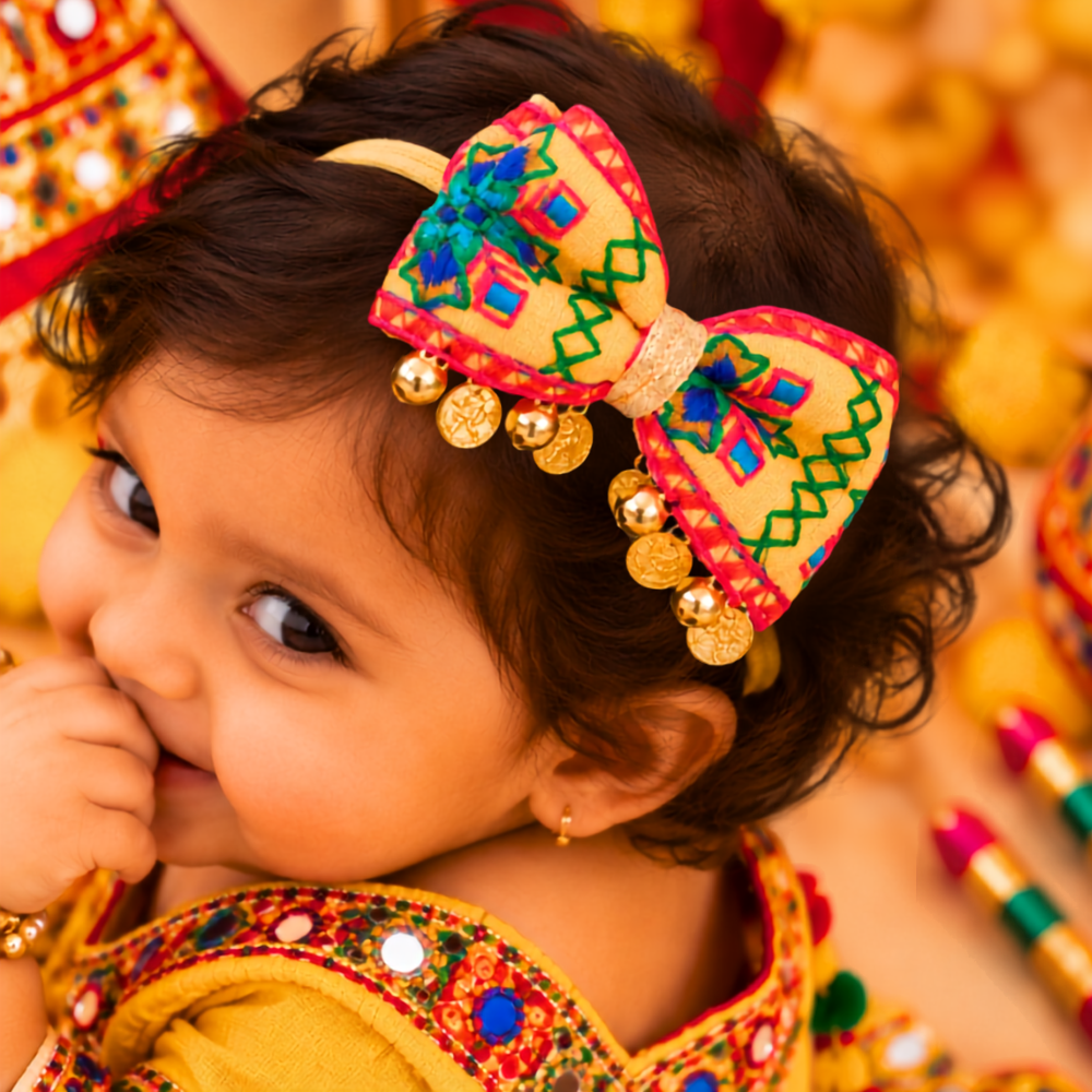 Rangeela Navratri soft headband with embroidered bow, sikka and ghungroo for babies