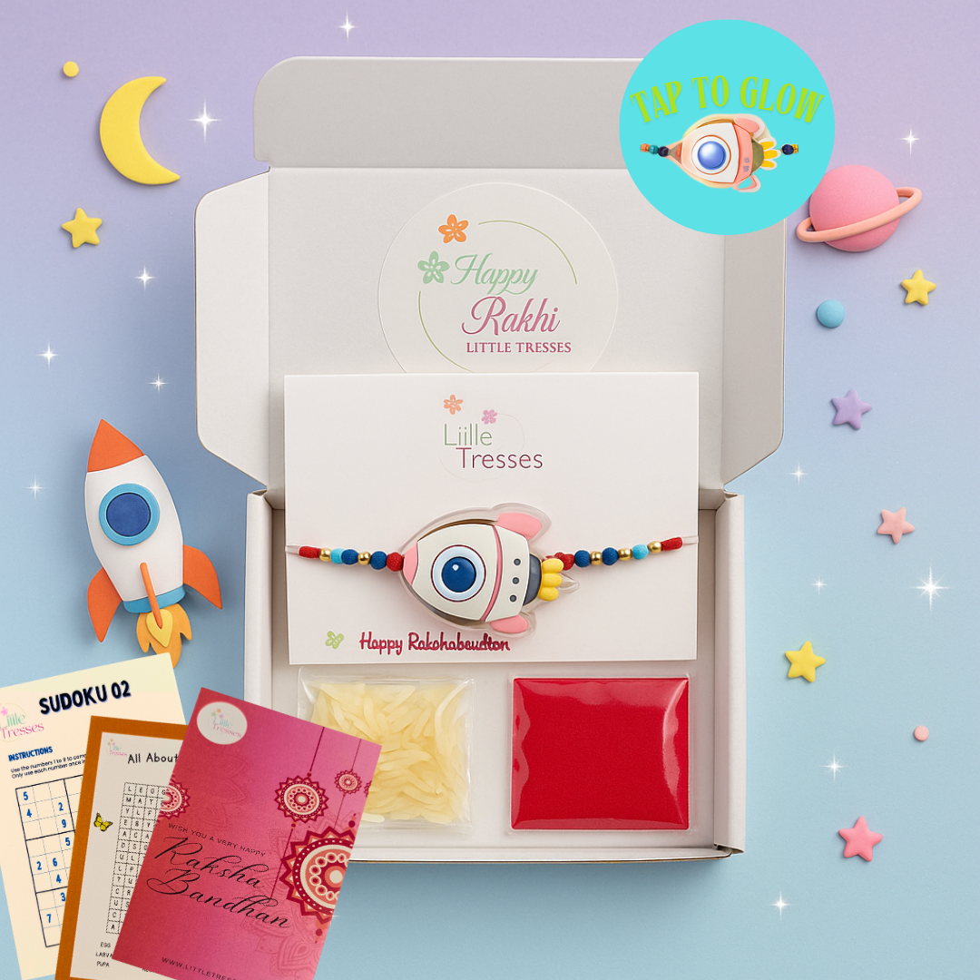 Rocket Rakhi for Kids – Light-Up Rakhi Gift Box with Roli, Rice & Game Cards