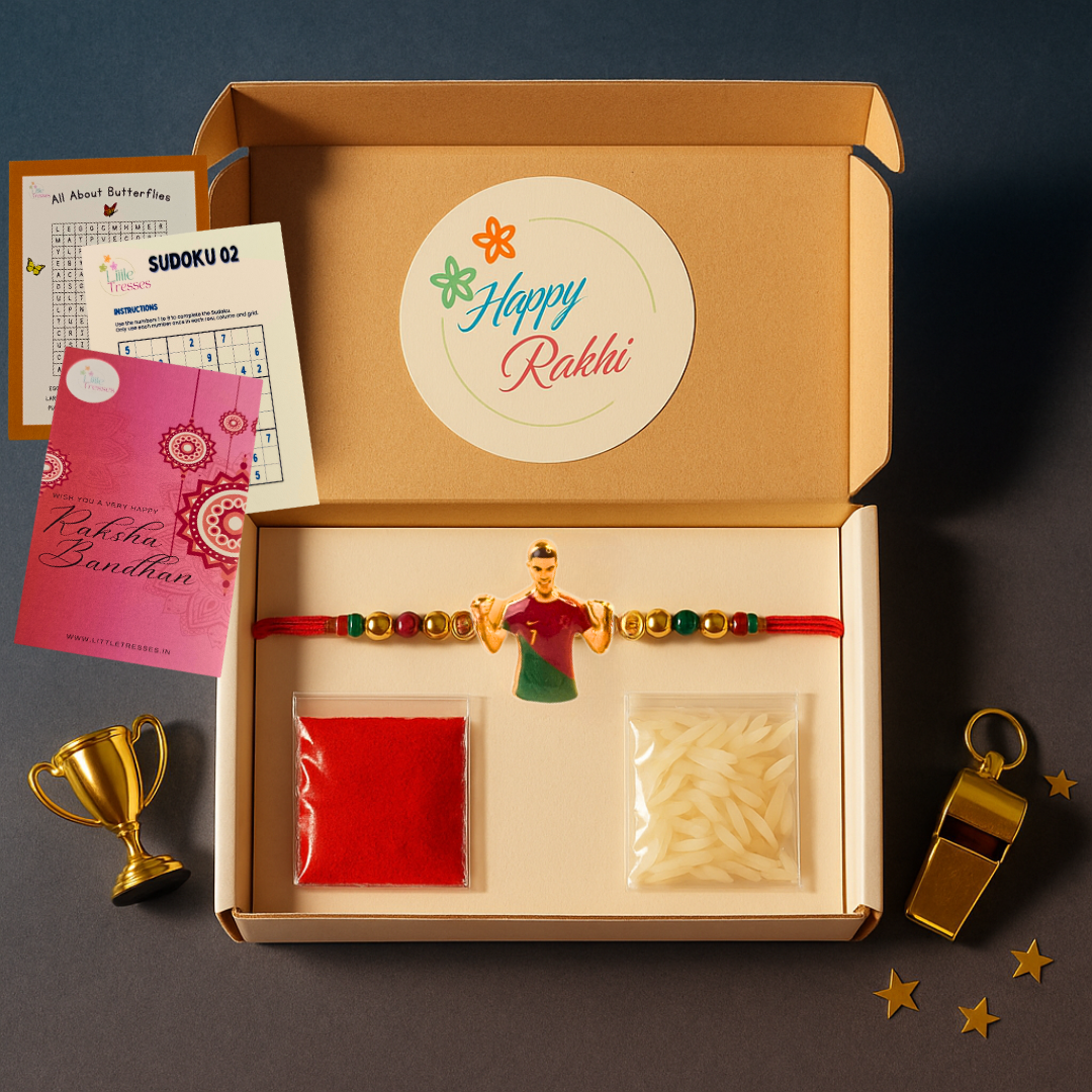 Ronaldo Footballer Rakhi for Boys – Gift Box with Roli, Rice & Cards
