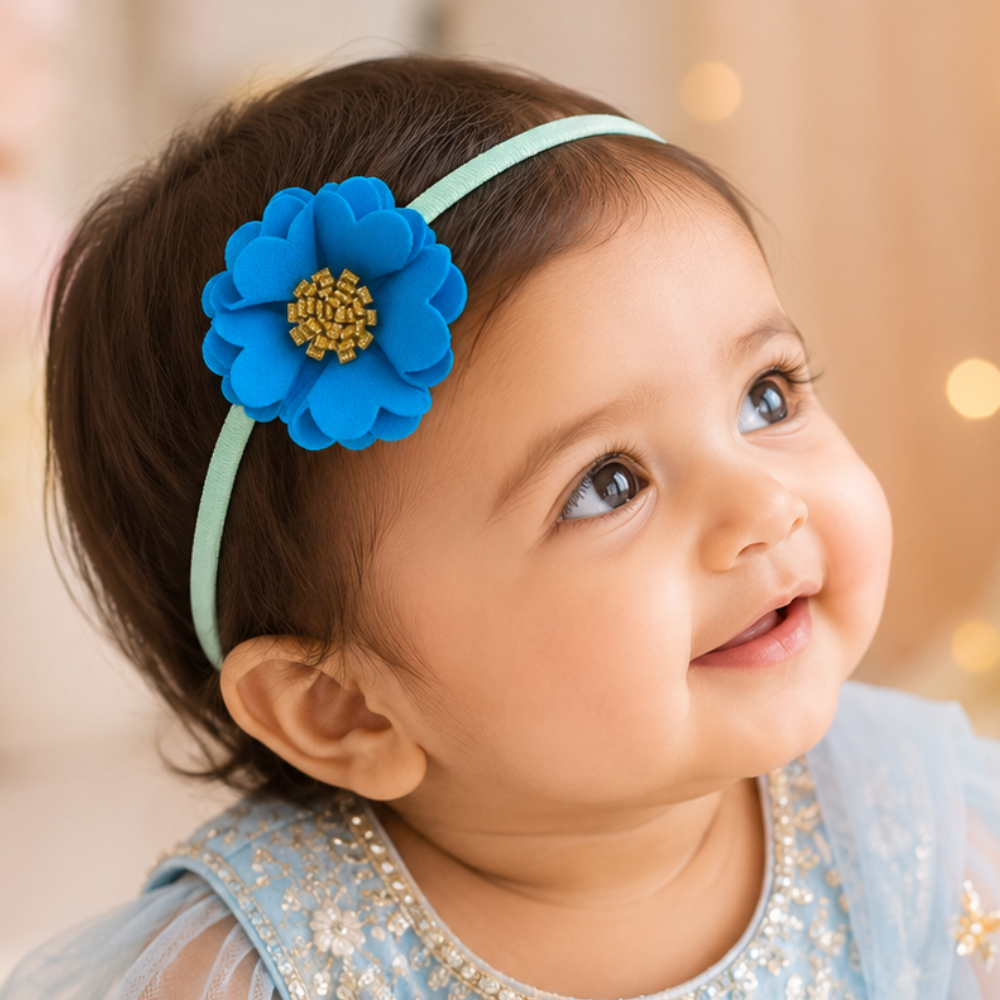 Soft scalloped flower baby headband for girls with handcrafted 6 cm floral design in 14 colors for infants and toddlers aged 0–3 years