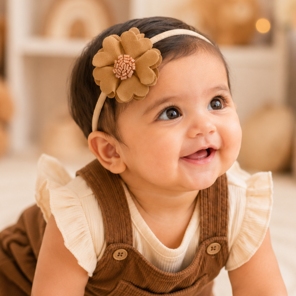 Soft scalloped flower baby headband for girls with handcrafted 6 cm floral design in 14 colors for infants and toddlers aged 0–3 years