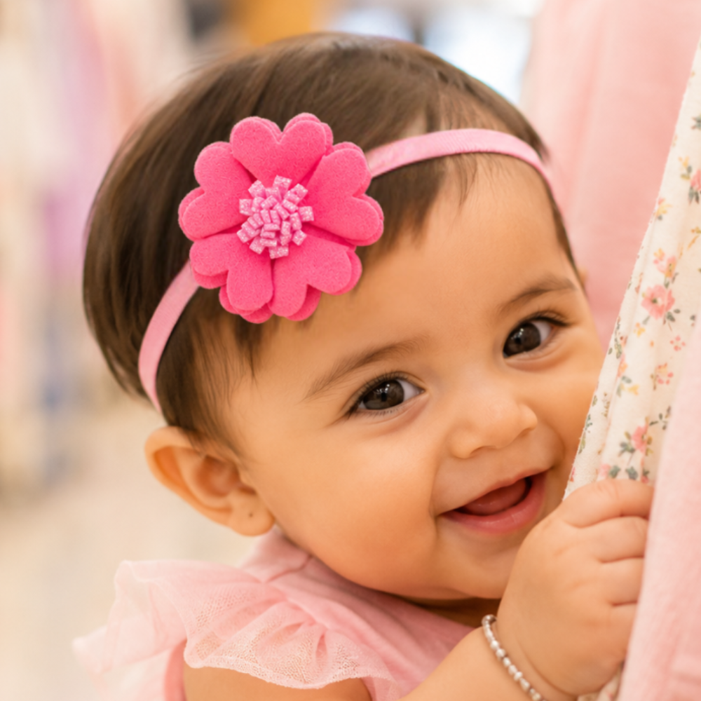 Soft scalloped flower baby headband for girls with handcrafted 6 cm floral design in 14 colors for infants and toddlers aged 0–3 years